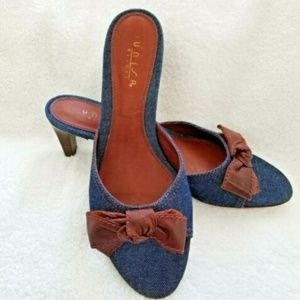 New Unisa Denim Mule Caramel Bow Kitten Sandal 9.5